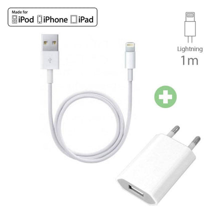 2 in 1 Oplaadset Oplaadkabel USB/Datakabel & Stekkerlader/Wallcharger voor iPhone 1 Meter