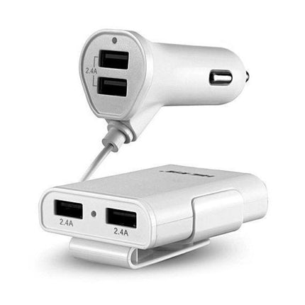 Quick Charge 3.0 Autolader met Verlengkabel en 4 Poorten  30W / 3.1A - Quad Port Carcharger Extension Cable - Wit