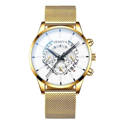 Klassiek Horloge voor Heren - Kwarts Stalen Riem Luxe Uurwerk Kalender Zakelijk Goud Wit