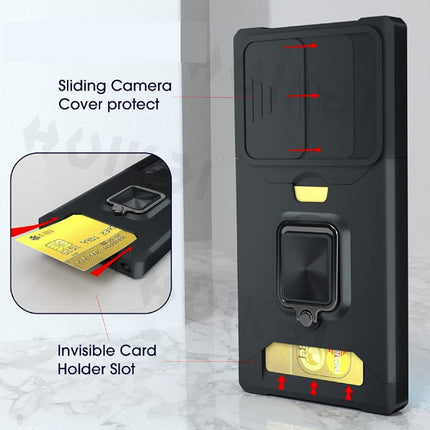 Samsung Galaxy S21 - Card Slot Hoesje met Kickstand en Camera Slide - Grip Socket Magnetische Cover Case Goud