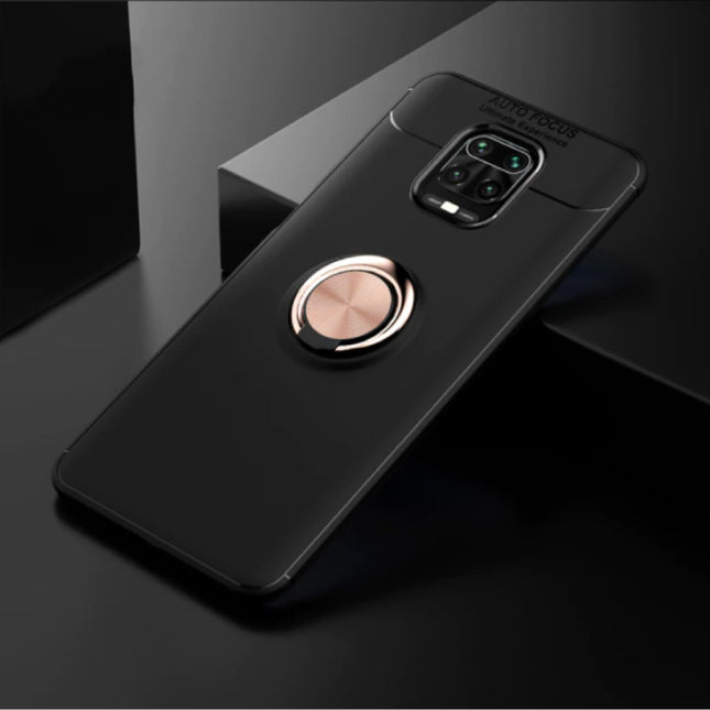 Xiaomi Redmi Note 9 Pro Hoesje met Metalen Ring  - Auto Focus Shockproof Case Cover Cas TPU Zwart-Goud + Kickstand