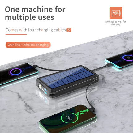 Qi Draadloze Solar Powerbank met 2 Poorten 80.000mAh - Micro-USB/USB-C/Lightning Kabels - Ingebouwde Zaklamp - Externe Noodaccu Batterij Oplader Charger Zon Zwart
