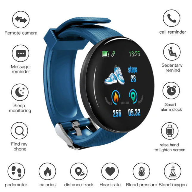 Originele D18 Smartwatch Curved HD Smartphone Sport Fitness Sport Activity Tracker Horloge iOS Android iPhone Samsung Huawei Blauw