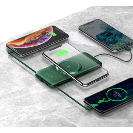 10.000mAh Qi Powerbank - Draadloos Opladen - 4 Types Oplaadkabel - USB LED Display Noodaccu Batterij Oplader Charger Groen