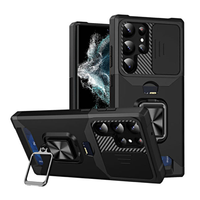 Samsung Galaxy S23 FE - Card Slot Hoesje met Kickstand en Camera Slide - Grip Socket Magnetische Cover Case Zwart