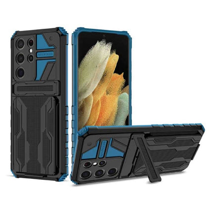 Samsung Galaxy A52 - Armor Card Slot Hoesje met Kickstand - Wallet Cover Case Blauw