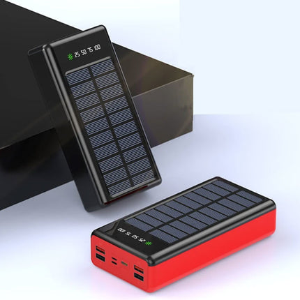 100.000mAh Solar Powerbank met 4 Poorten en 3 Types Oplaadkabel - Ingebouwde Zaklamp - Externe Noodaccu Batterij Oplader Charger Zon Zwart