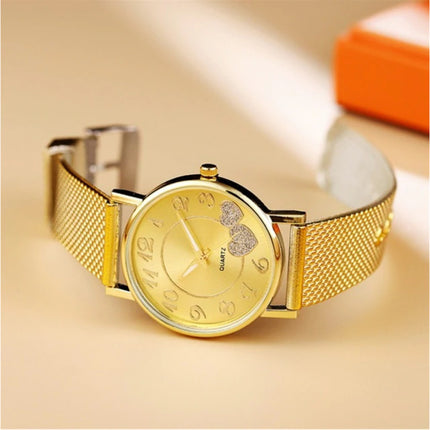 Horloge met Hartjes voor Dames - Kwarts Luxe Anoloog Uurwerk Roestvrij Staal Mesh voor Vrouwen Goud