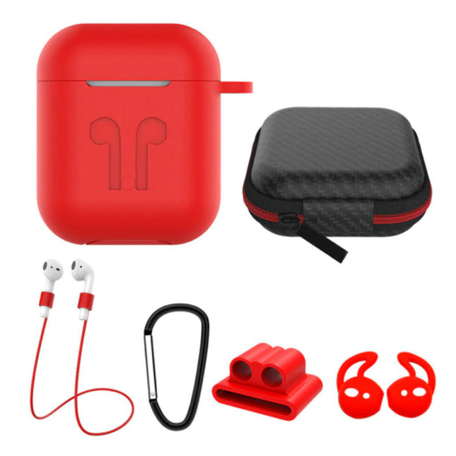 6 in 1 Kit voor AirPods 1 / 2 Rood - Hoesje / Anti-Lost Strap / Karabijnhaak / Opbergdoosje / Draagband / 2x Stofkap