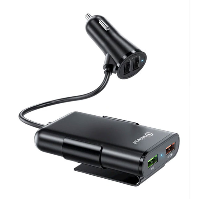 Quick Charge 3.0 Autolader met Verlengkabel en 4 Poorten  30W / 3.1A - Quad Port Carcharger Extension Cable - Zwart