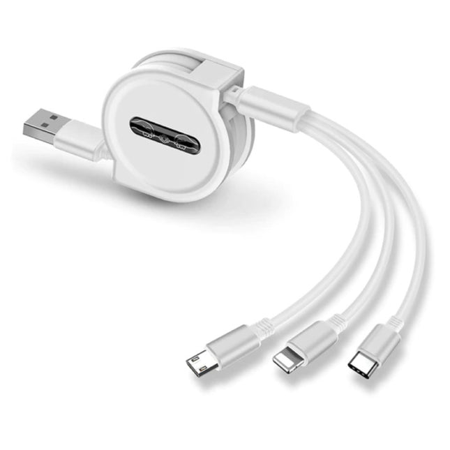 3 in 1 Intrekbare Oplaadkabel - iPhone Lightning / USB-C / Micro-USB - 1.2 Meter Oplader Spiral Data Kabel Wit