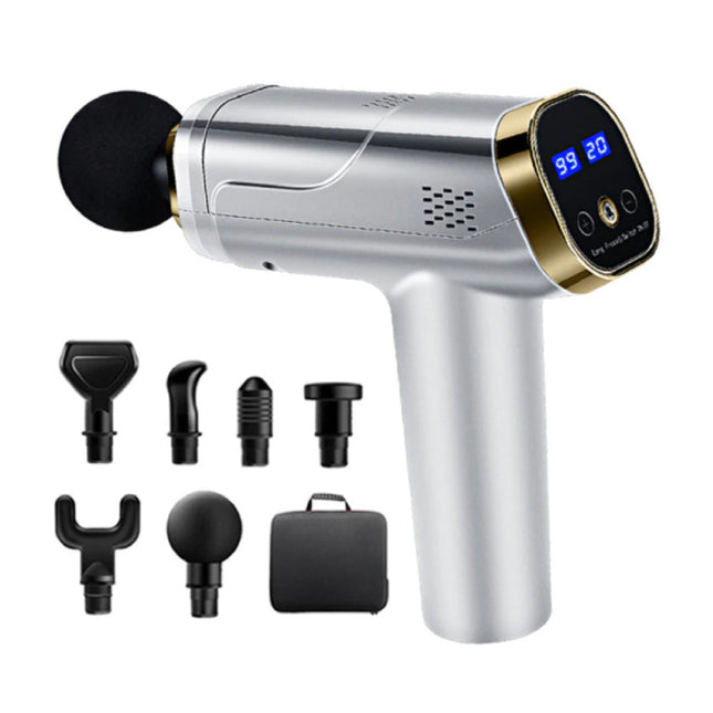 Professioneel Massage Apparaat Gun - 20 Standen - 6 Koppen - Inclusief Opbergtas - Sport en Relax - Zilver