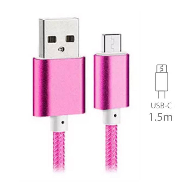 USB 2.0 - USB-C Oplaadkabel Gevlochten Nylon Oplader Data Kabel Data Android 1.5 Meter Roze