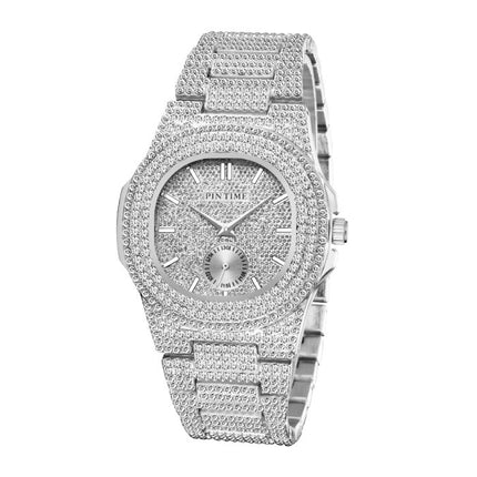 Full Diamond Luxe Horloge voor Heren - Roestvrij Staal Kwarts Uurwerk met Opbergdoosje Zilver