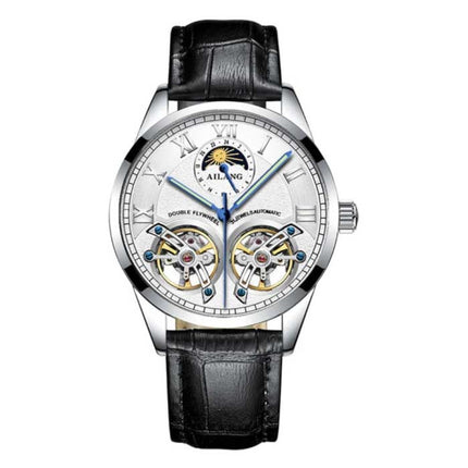 Vintage Horloge voor Heren - Leren Bandje Kwarts Polshorloge Dubbel Vliegwiel Zwart