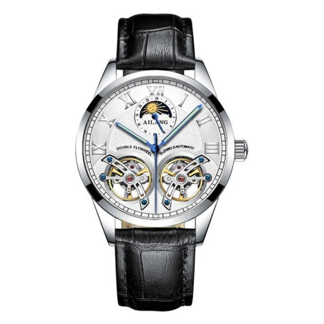 Vintage Horloge voor Heren - Leren Bandje Kwarts Polshorloge Dubbel Vliegwiel Zwart