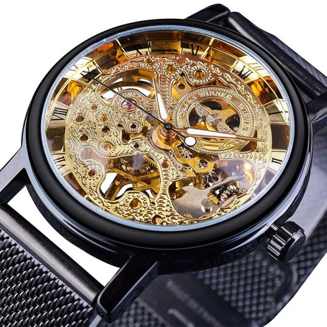 Gouden Kast Luxe Horloge voor Heren - Mesh Bandje Transparant Mechanisch Skelet Goud Zwart