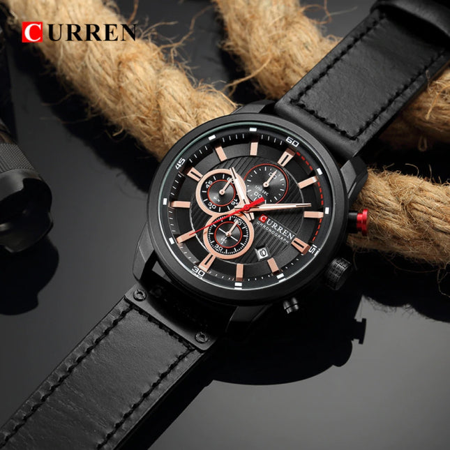 Heren Horloge met Leren Bandje - Anoloog Luxe Kwarts Uurwerk voor Mannen - Roestvrij staal - Zwart