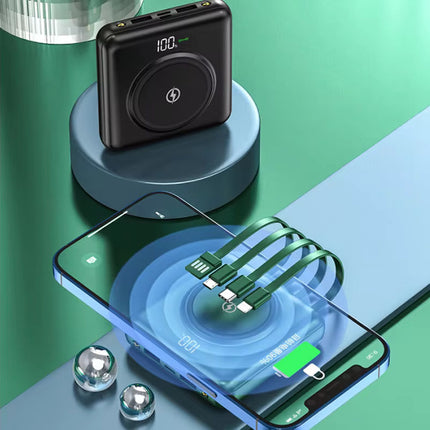 20.000mAh Qi Mini Powerbank met 2 Oplaadpoorten en 4 Kabels - Externe Accu Batterij Oplader - Groen