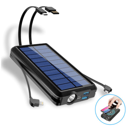 Qi Draadloze Solar Powerbank met 2 Poorten 80.000mAh - Micro-USB/USB-C/Lightning Kabels - Ingebouwde Zaklamp - Externe Noodaccu Batterij Oplader Charger Zon Zwart
