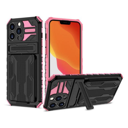 iPhone 12 Pro - Armor Card Slot Hoesje met Kickstand - Wallet Cover Case Roze