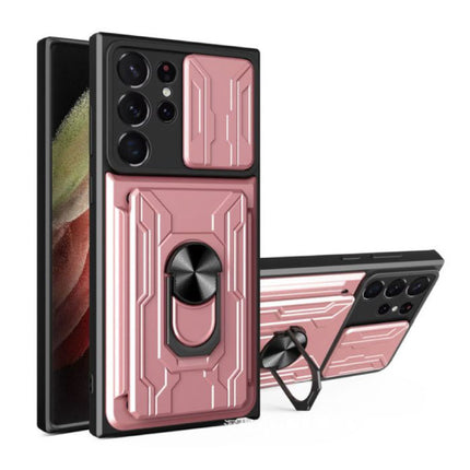 Samsung Galaxy S21 Plus - Card Slot Hoesje met Kickstand en Camera Slide - Magnetische Pop Grip Cover Case Roze
