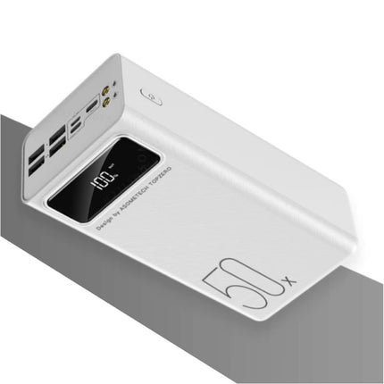50X Powerbank met 4 Uitvoer/3 Invoer Poorten 50.000mAh - Ingebouwde Zaklamp - Externe Noodaccu Batterij Oplader Charger Wit