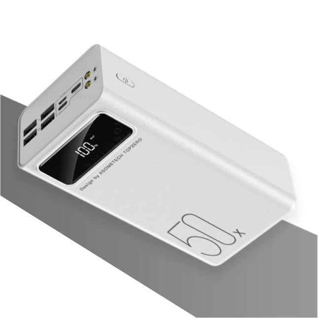 50X Powerbank met 4 Uitvoer/3 Invoer Poorten 50.000mAh - Ingebouwde Zaklamp - Externe Noodaccu Batterij Oplader Charger Wit