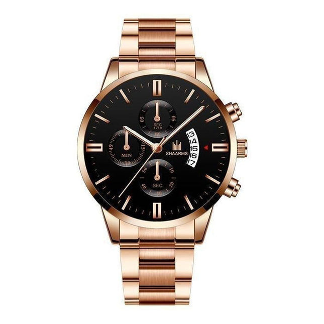 Luxe Zakelijk Horloge voor Heren - Kwarts Roestvrij Staal Bandje Datum Kalender met 3 Subdials Rose Gold Zwart