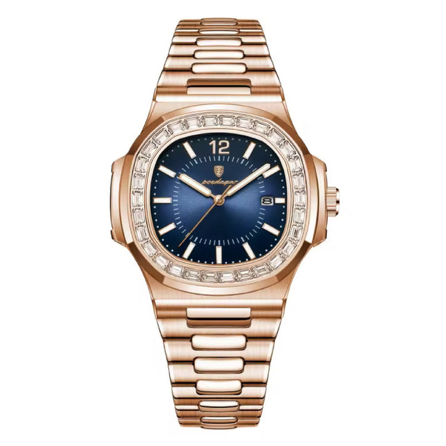 Luxe Vierkant Kwarts Horloge - 3 ATM Waterdicht Lichtgevend Herenhorloge Roestvrij Staal - Rose Gold Blauw
