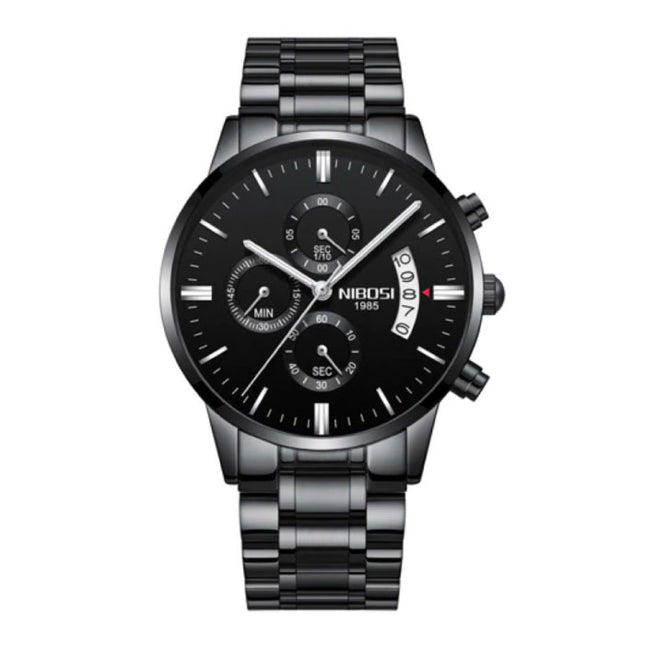 Staal Horloge voor Heren - Luxe Bandje Anoloog Uurwerk voor Mannen Kwarts Zwart