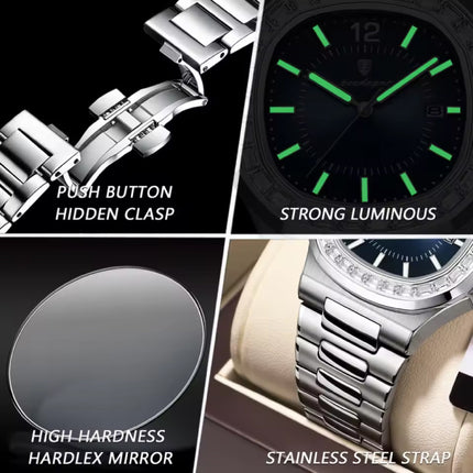Luxe Vierkant Kwarts Horloge - 3 ATM Waterdicht Lichtgevend Herenhorloge Roestvrij Staal - Zilver Wit
