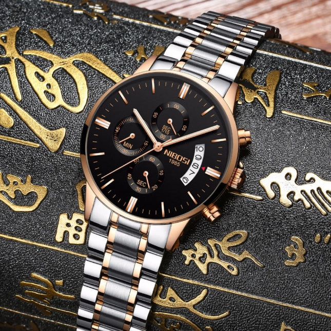 Staal Horloge voor Heren - Luxe Bandje Anoloog Uurwerk voor Mannen Kwarts Zwart