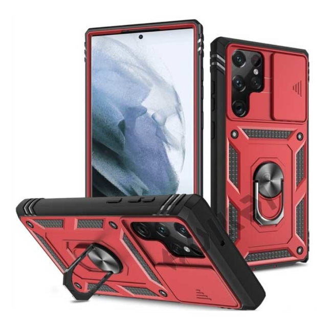 Samsung Galaxy A52 5G - Armor Kaarthouder Hoesje met Kickstand en Camera Bescherming - Pop Grip  Heavy Duty Cover Case Rood