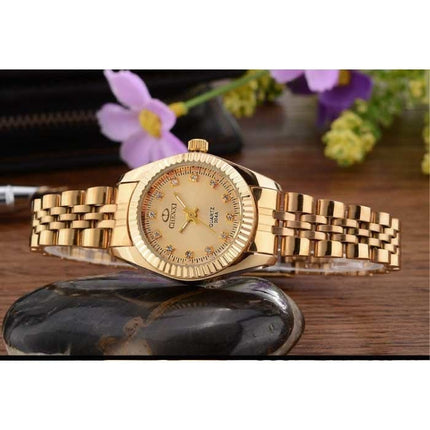 Gouden Luxe Horloge voor Dames - Waterdicht Stras Horloge Roestvrij Stalen Armband Roze