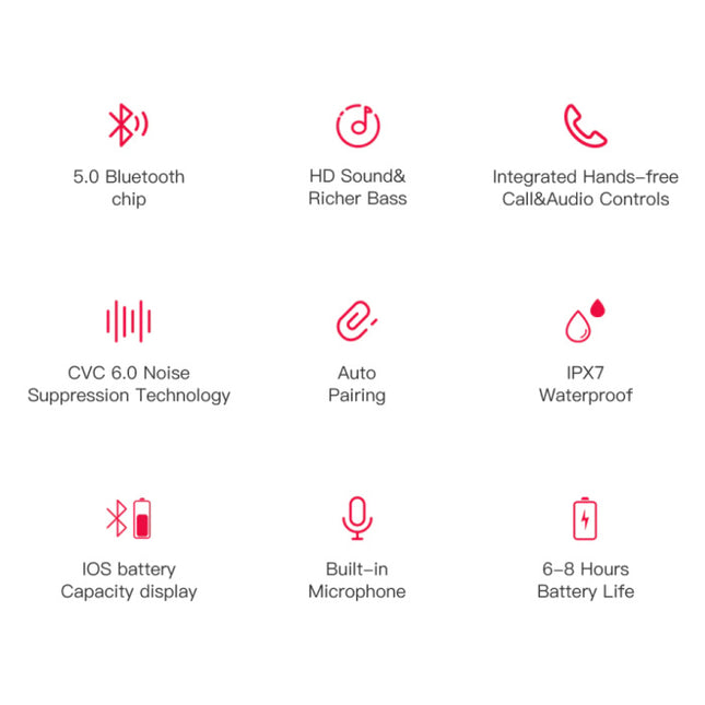 U8 TWS Draadloze Oortjes Bluetooth 5.0 Ear Wireless Buds Earphones Earbuds 110mAh Oortelefoon Rood