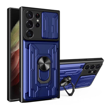 Samsung Galaxy A72 - Card Slot Hoesje met Kickstand en Camera Slide - Magnetische Pop Grip Cover Case Blauw