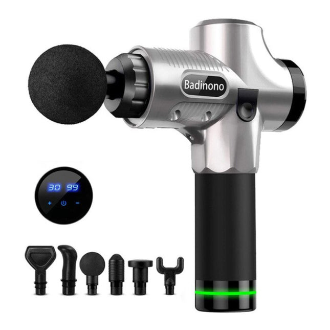 Professioneel Massage Apparaat Gun - 30 Standen - 6 Koppen - Sport en Relax - Zilver