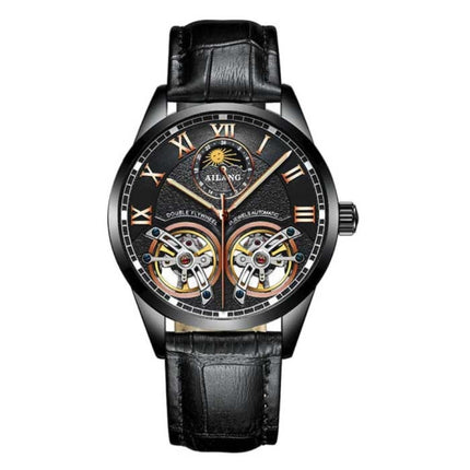 Vintage Horloge voor Heren - Leren Bandje Kwarts Polshorloge Dubbel Vliegwiel Zwart