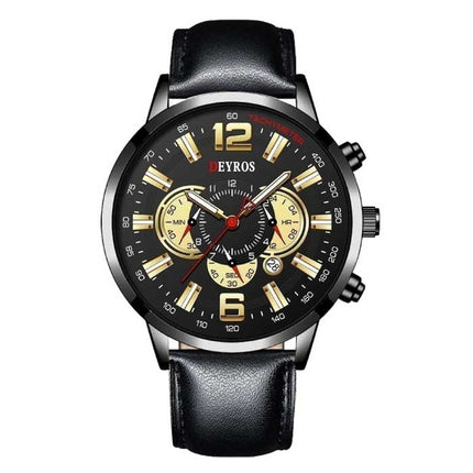 Roestvrij Staal Sport Horloge voor Heren - Kwarts Uurwerk Kalender Lichtgevende Klok Leer Zwart Goud