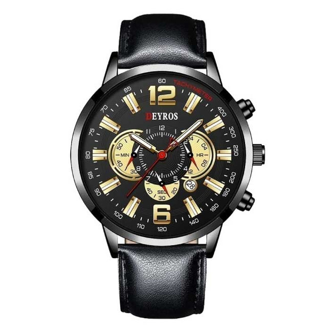 Roestvrij Staal Sport Horloge voor Heren - Kwarts Uurwerk Kalender Lichtgevende Klok Leer Zwart Goud