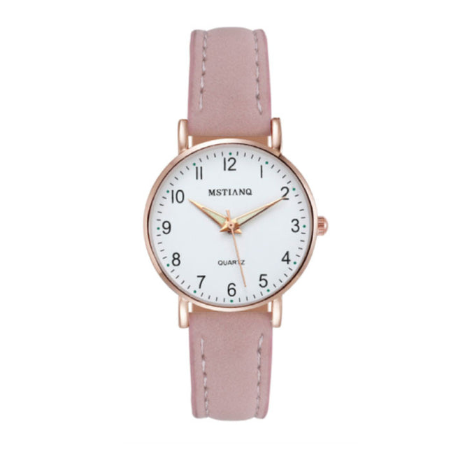 Minimalistisch Horloge voor Dames - Modieus Kwarts Uurwerk Vrouwen Lichtgevend Leer Bandje Roze