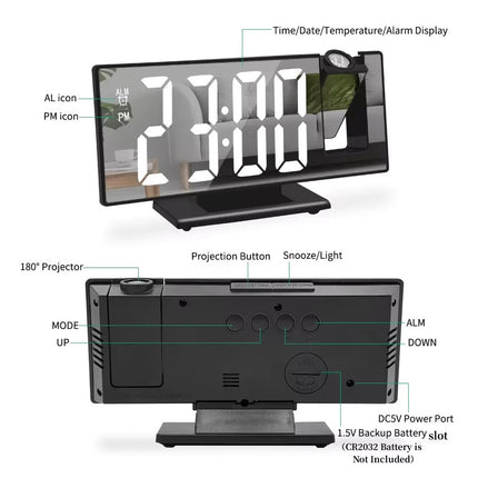 Digitale Wekker met Projectie - Alarm Klok Temperatuur Kalender LED Rotatieprojectie - Wit Groen