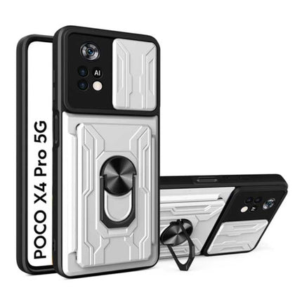 Xiaomi Poco X4 Pro 5G - Card Slot Hoesje met Kickstand en Camera Bescherming - Pop Grip Cover Case Wit
