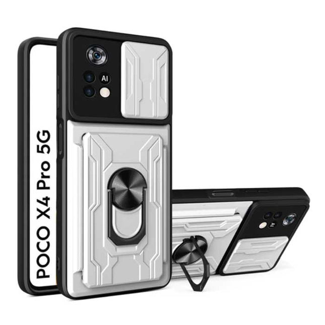 Xiaomi Poco X4 Pro 5G - Card Slot Hoesje met Kickstand en Camera Bescherming - Pop Grip Cover Case Wit