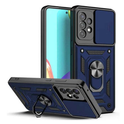 Samsung Galaxy S21 FE - Armor Hoesje met Kickstand en Camera Bescherming - Pop Grip Cover Case Blauw