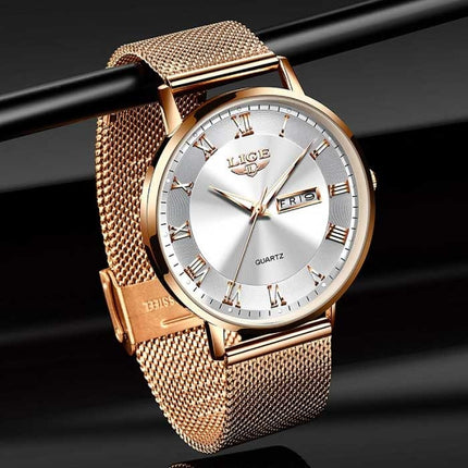 Ultradun Luxe Horloge voor Dames - Kalender Kwarts Roestvrij Staal Waterdicht Horloge Goud Zwart