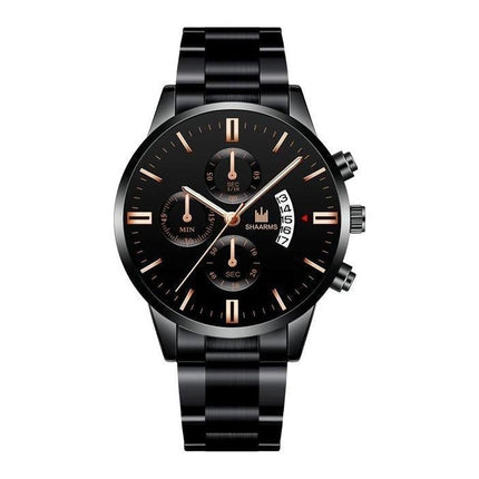 Luxe Zakelijk Horloge voor Heren - Kwarts Roestvrij Staal Bandje Datum Kalender met 3 Subdials Zwart Rose Gold