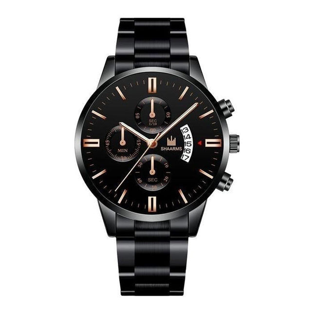 Luxe Zakelijk Horloge voor Heren - Kwarts Roestvrij Staal Bandje Datum Kalender met 3 Subdials Zwart Rose Gold
