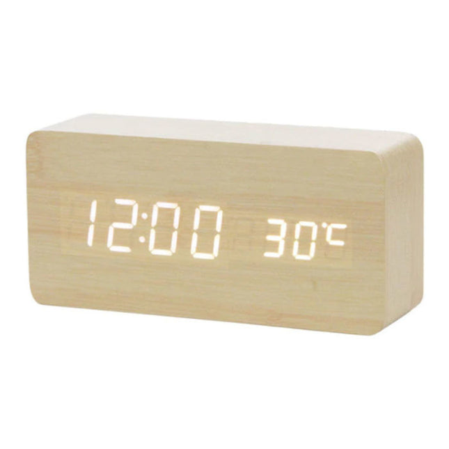 Houten Digitale LED Klok - Wekker Alarm  Snooze Temperatuur Helderheid Aanpassing Wit